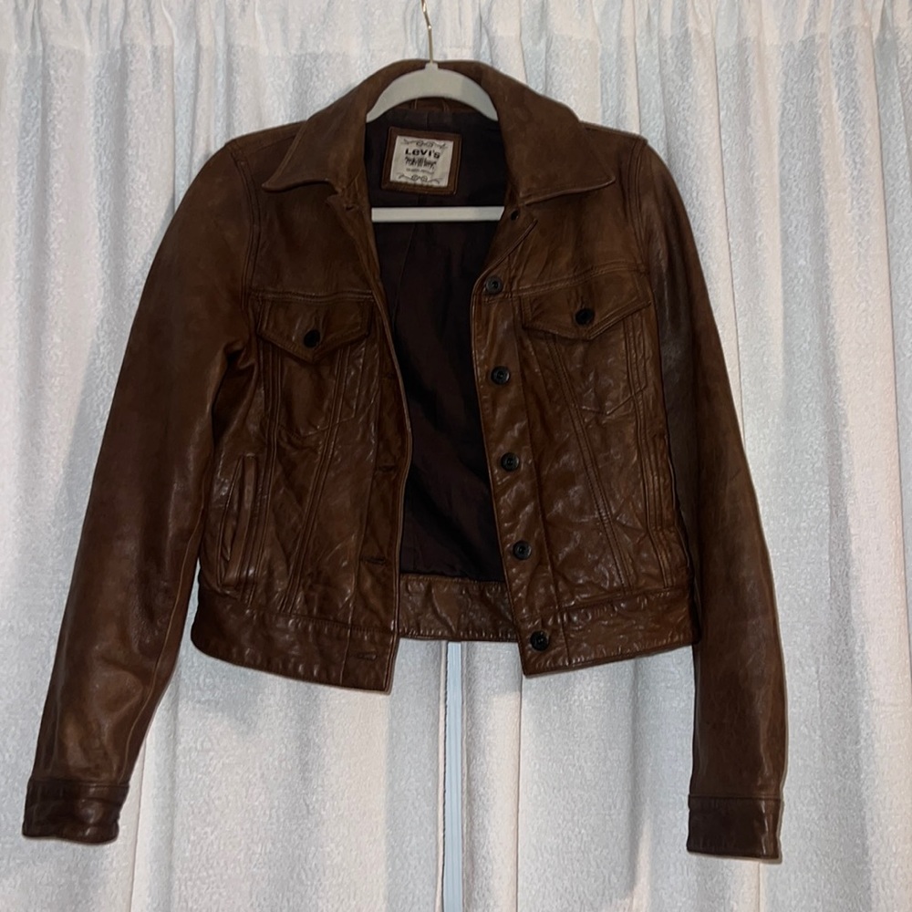 Brown Crop Faux Leather Levi Jacket